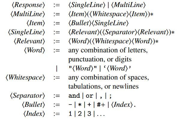 Grammar for parsing responses