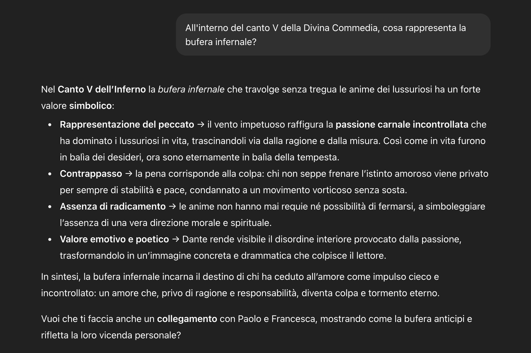 Risposta di chat gpt sulla bufera infernale