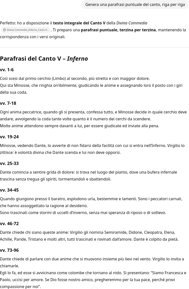 Parafrasi (generata) del canto V della Divina Commedia