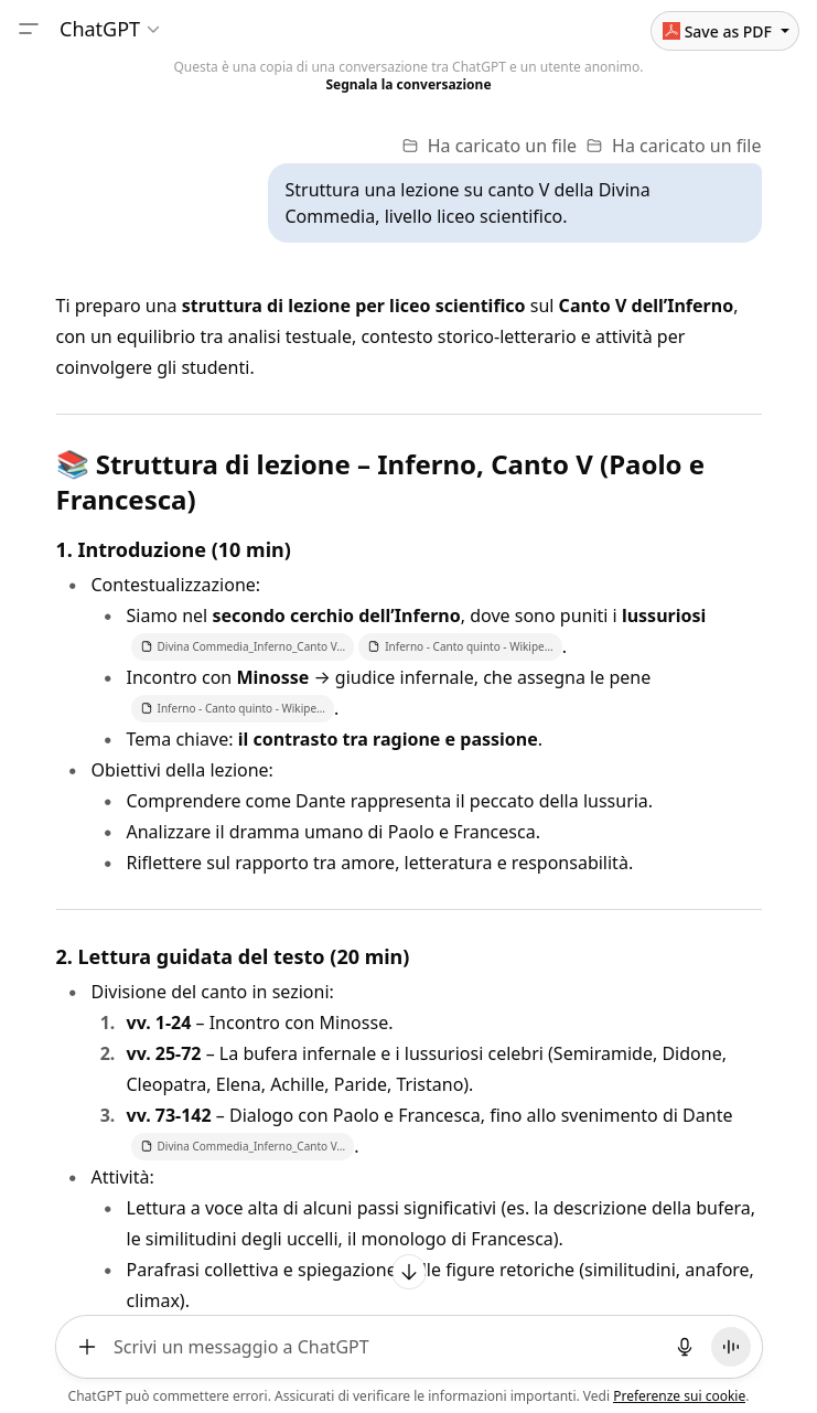Esempio di struttura di lezione generata da ChatGPT